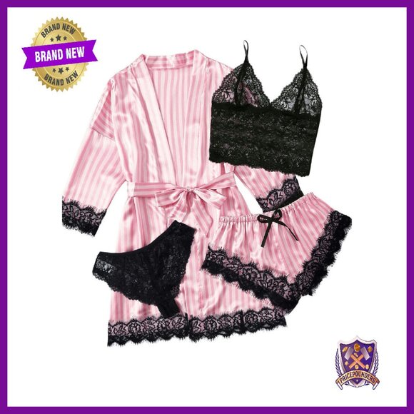 Women's 4-Piece Lace Pajama Set with Robe & Shorts